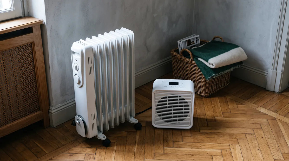 Termoventilatore compatto e radiatore elettrico a olio con ruote affiancati sul pavimento di un soggiorno