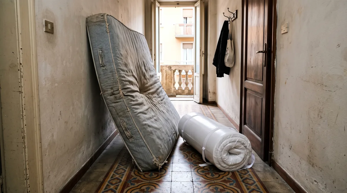 Topper in memory foam bianco appoggiato su un materasso matrimoniale scoperto, in una camera con luce naturale