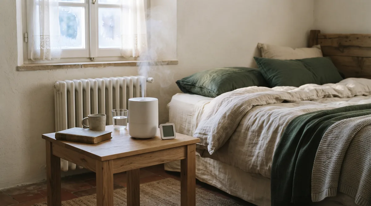 Umidificatore bianco acceso su un comodino in camera da letto d’inverno, con igrometro digitale e termosifone