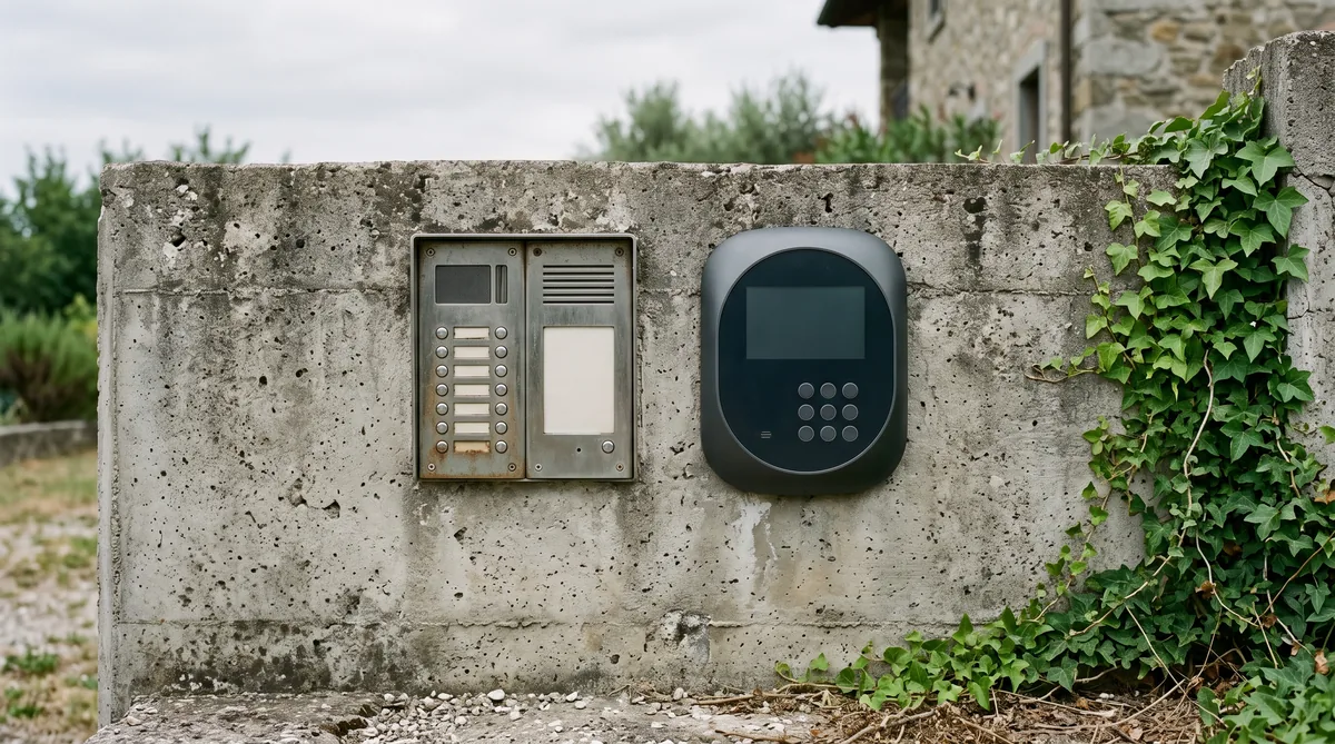 Pulsantiera esterna di un videocitofono a 2 fili accanto a un videocitofono Wi-Fi a batteria montato a muro