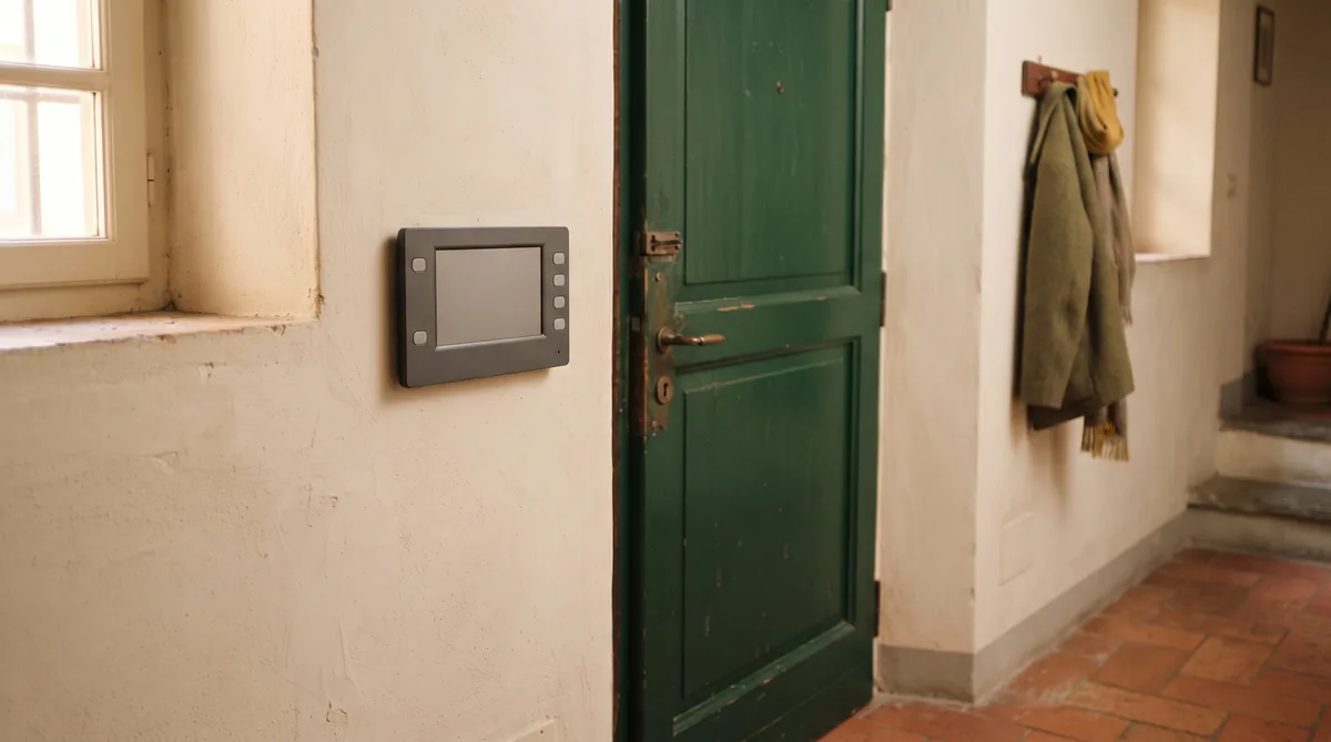 Monitor di videocitofono a parete con lo schermo spento accanto alla porta d’ingresso di un appartamento