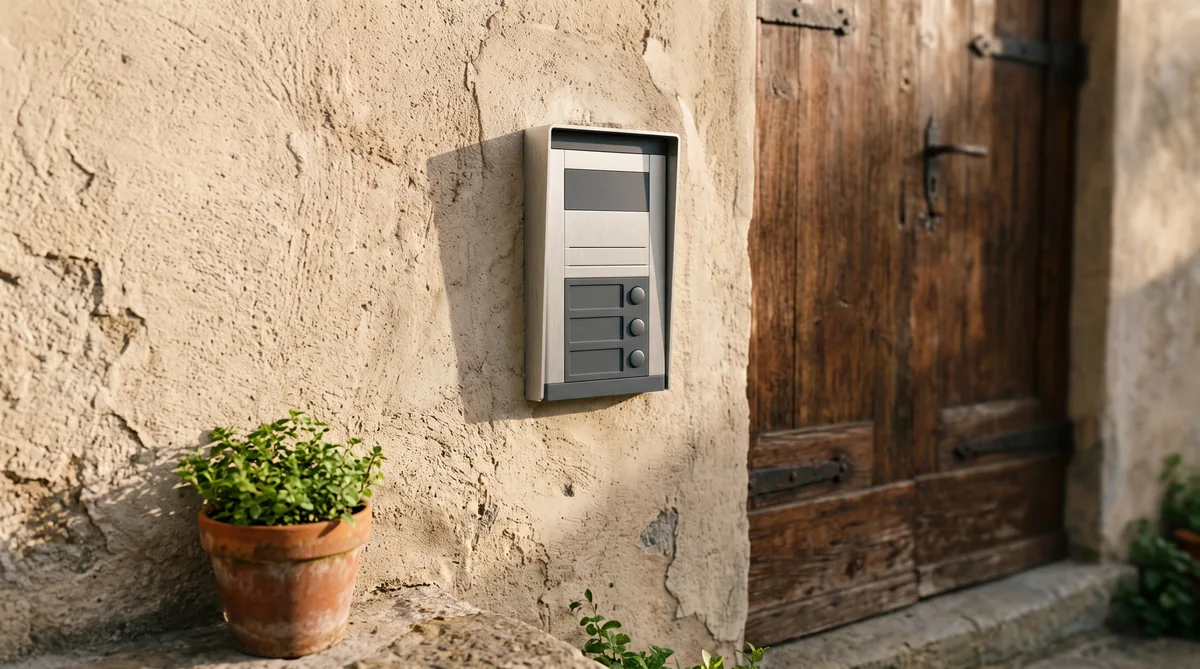Targa esterna di un videocitofono a colori accanto al portone di ingresso, con monitor interno a parete sullo sfondo